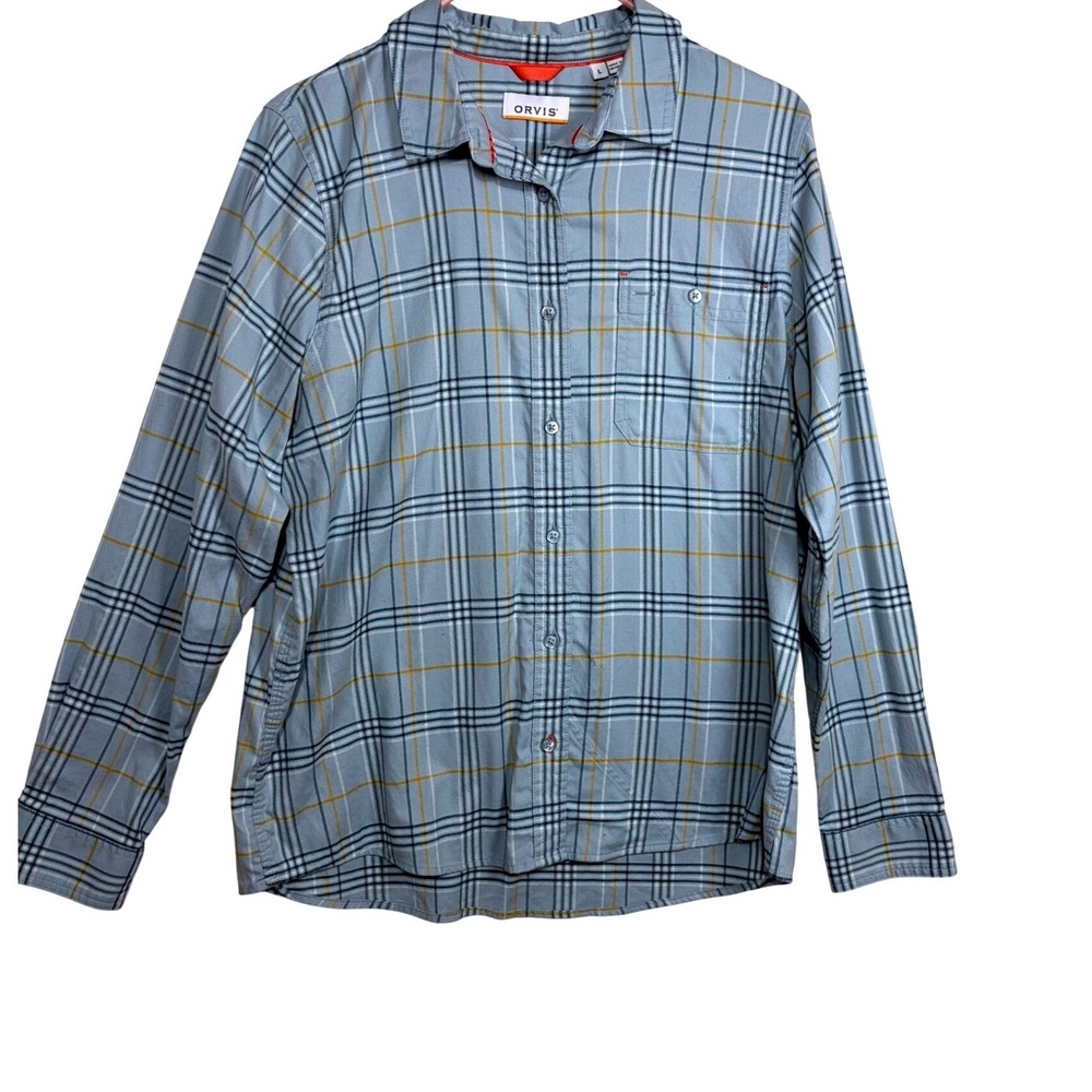 Orvis Womens Light‎ Blue Plaid Long Sleeve Button Down Shirt  L Outdoors hiking